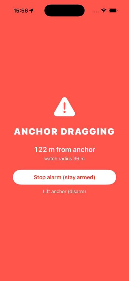 Full-screen anchor dragging alert showing distance from the anchor and a stop alarm button