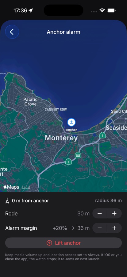 Anchor alarm setup screen with rode length, alarm margin, and a lift anchor button over a chart of Monterey