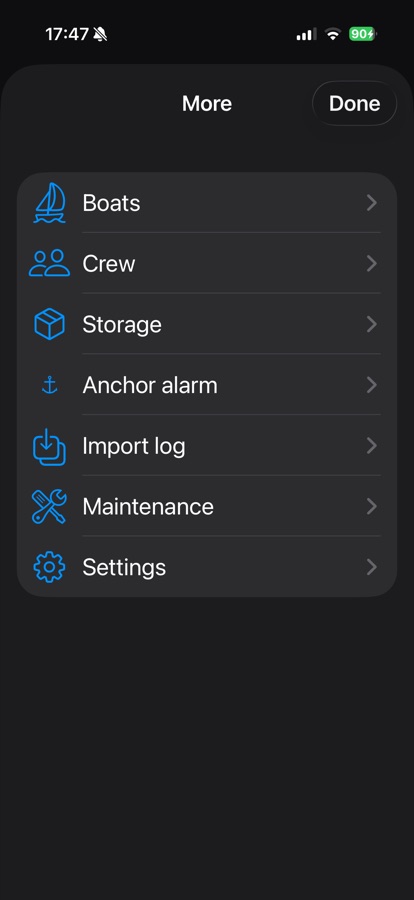 More menu listing Boats, Crew, Storage, Anchor alarm, Import log, Maintenance, and Settings