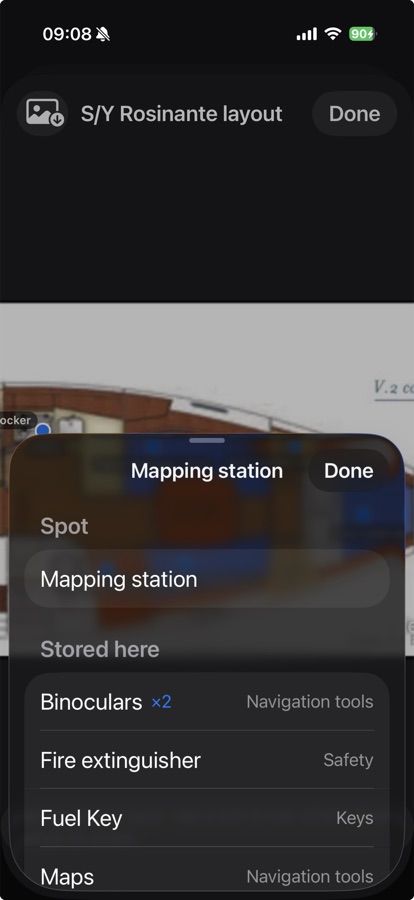 Boat storage layout showing a stored-item list for a mapping station spot