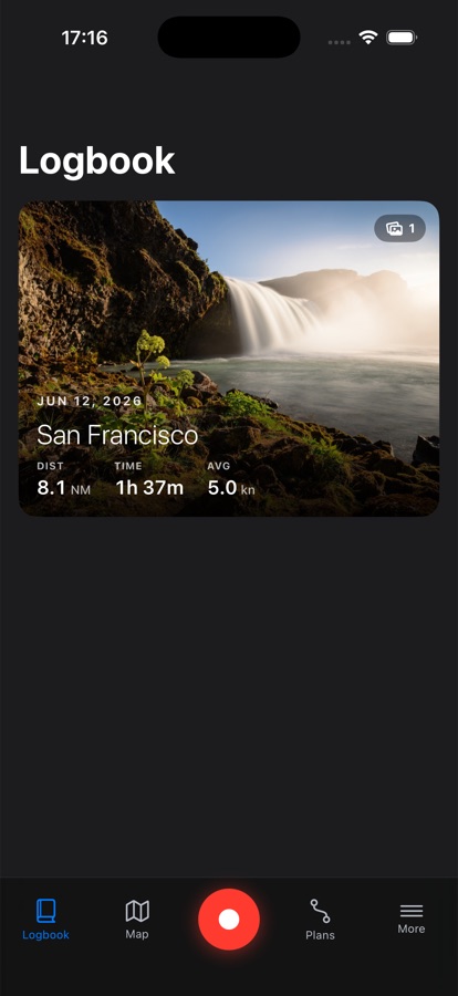 A single logbook trip card with a waterfall photo and distance, time, and average speed