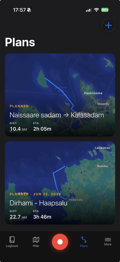 Plans list with two routes drawn on the chart, each showing distance and ETA