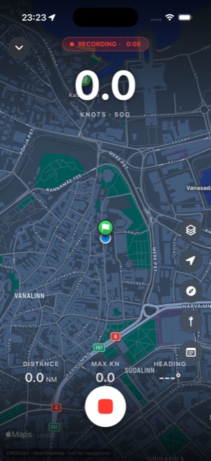 Live GPS recording on the nautical chart with speed, distance, max speed, and heading