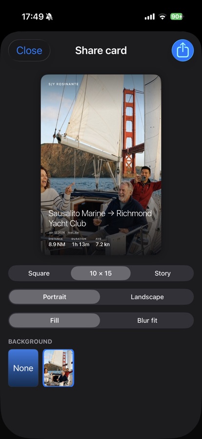 Share card editor with a sailing photo under the Golden Gate Bridge, route stats overlaid, and format pickers