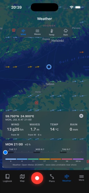 Tapping a point on the weather map for its exact forecast