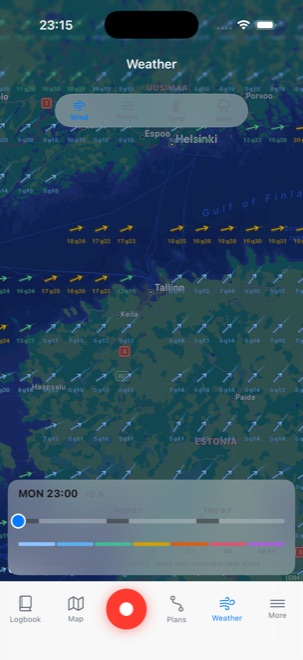 Three-day wind forecast map with a time slider